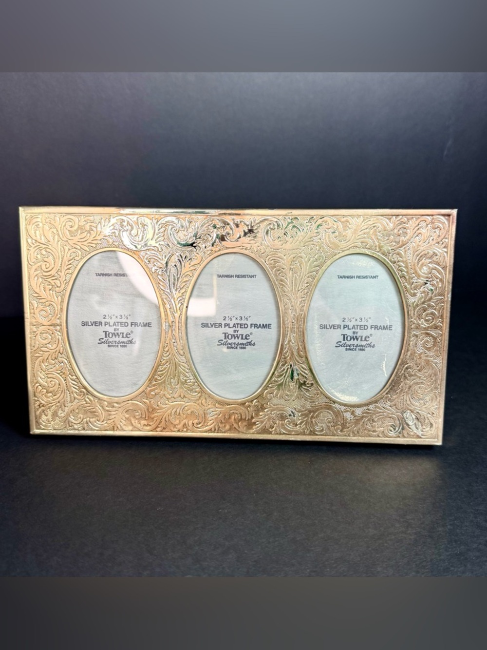 Vintage Ornate Embossed Silver Plate Gold Gilt Triple Photo Towle Silversmith